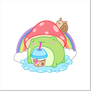 Frog Boba Bubble Tea Kawaii Anime Japanese Mushroom Snail Posters and Art